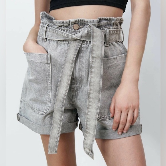 ZARA Paperbag High Waist Denim Shorts - Size 6 - Picture 6 of 14